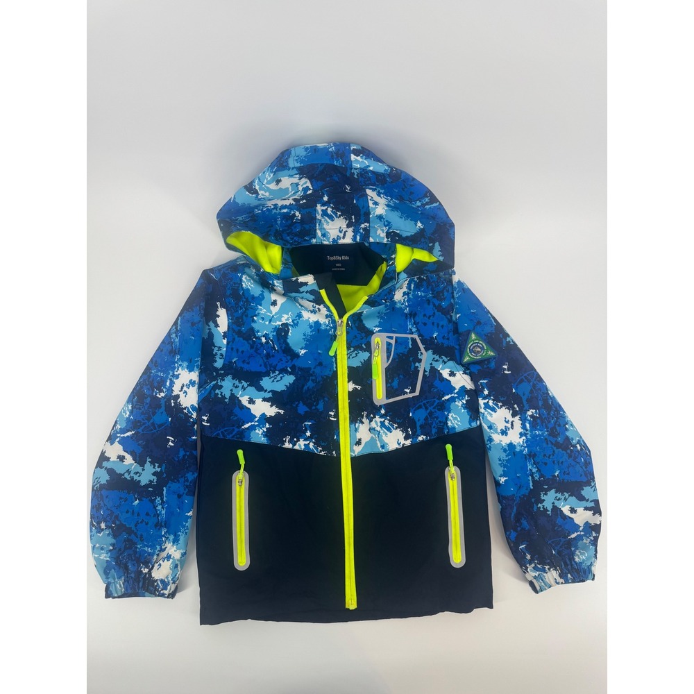 Top&Sky Kids Blue Camo Hooded Outdoor Jacket Neon Yellow  Size 140 Ages 8-9